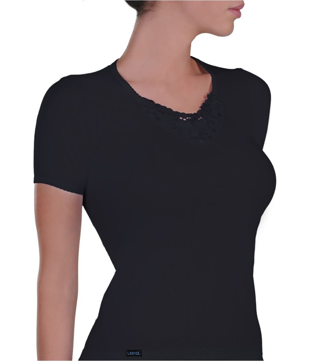 T-Shirt, open neck, motif, black