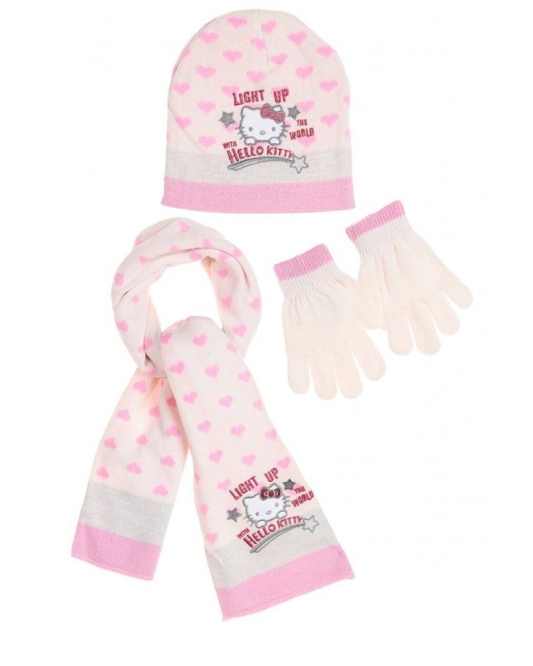 Hello Kitty Set, hat, pair of gloves and a scarf, cream